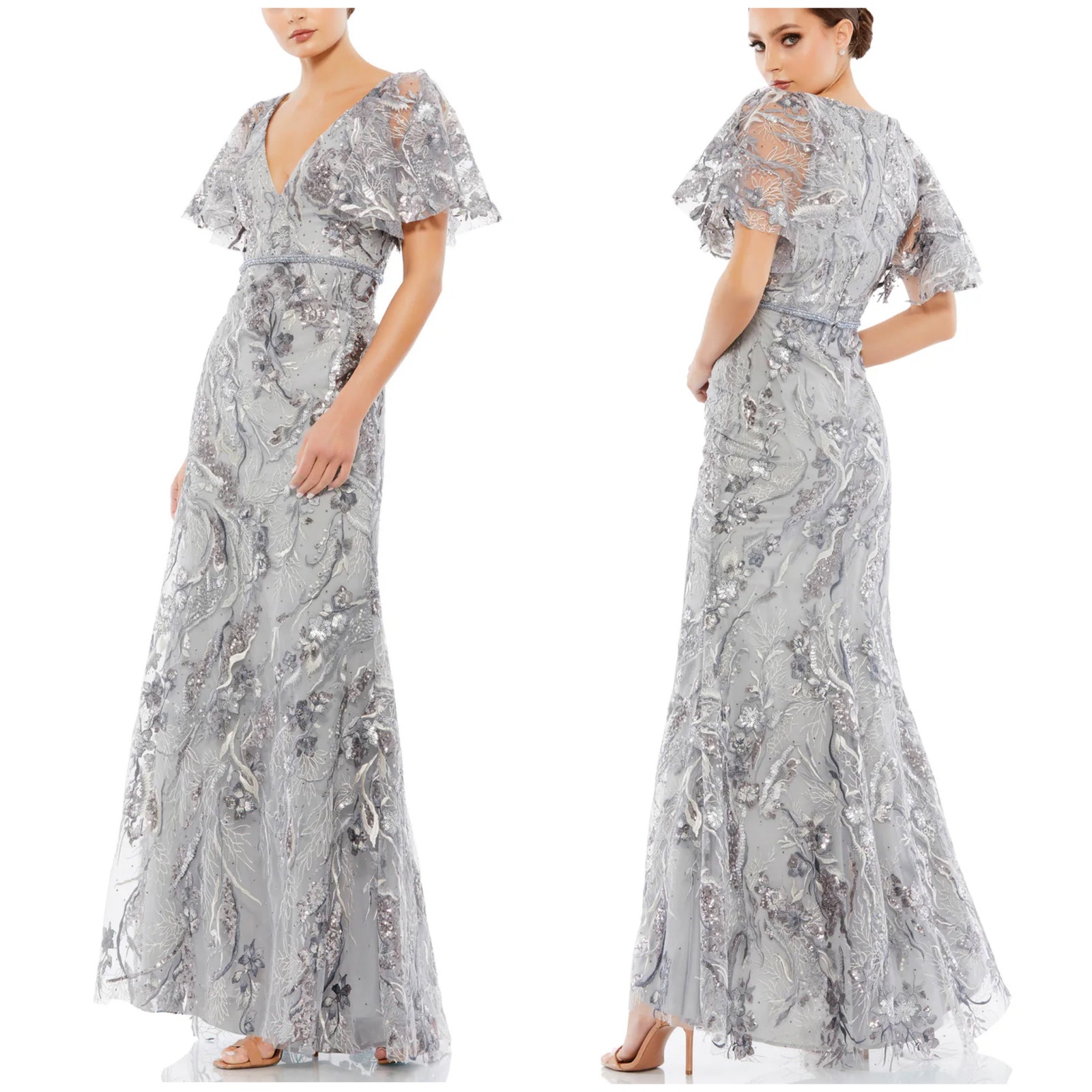 Mac Duggal Nwt Flutter Sleeves Beaded Embroidered Floral Gown Size 4 Platinum